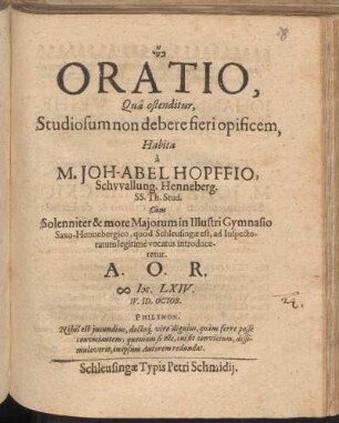 Oratio, Quâ ostenditur, Studiosum non debere fieri opificem