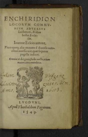 Enchiridion locorvm commvnivm adversvs Lutherum & alios hostes ecclesiae