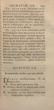 Quaestio LX. De uxoricidio, in duos articulos divisa.