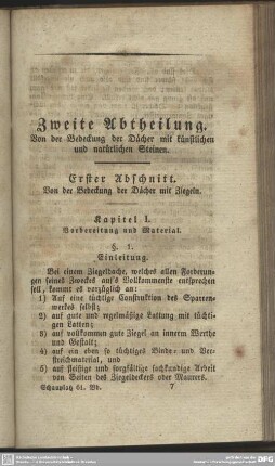 Zweite Abtheilung. Von der Bedeckung der Dächer mit künstlichen und natürlichen Steinen