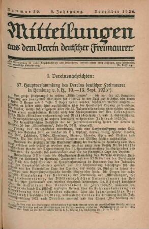Nummer 30. 5. Jahrgang. November 1926.
