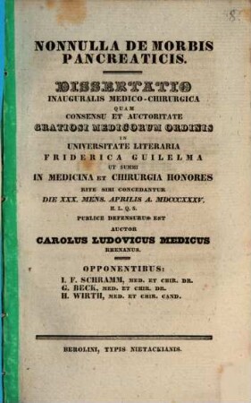 Nonnulla de morbis pancreaticis : Diss. inaug. med. chir.