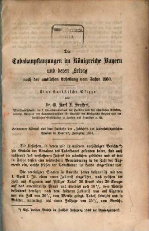 Die Tabakanpflanzungen im Königreiche Bayern und deren Ertrag nach der amtlichen Erhebung vom Jahre 1860 : eine statistische Skizze