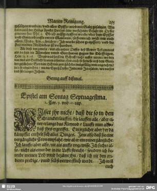 Epistel am Sontag Septuagesima. 1. Cor. 9. und 10. cap.