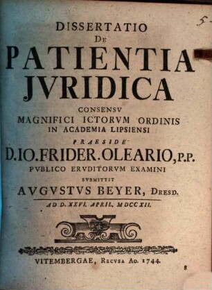 Dissertatio De Patientia Jvridica