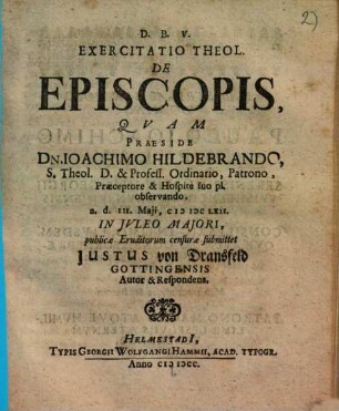 D. B. V. Exercitatio Theol. De Episcopis, 1