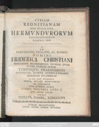 35: Cvriam Regnitianam Non. Nvllo. Ivre Hermvndvrorvm Cognominandam Disserit ...