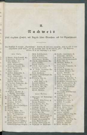 II. Nachweis jedes einzelnen Hauses, mir Angabe seiner Bewohner und des Eigenthümers.