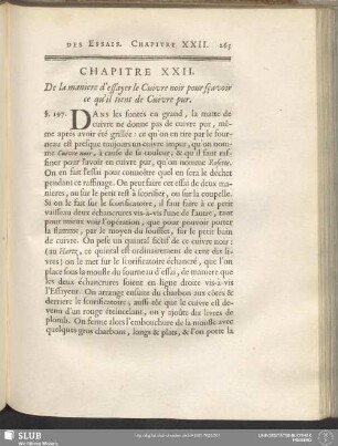 Chapitre XXII. De la maniere d'essayer le Cuivre noir pour sçavoir ce qu'il tient de Cuivre pur
