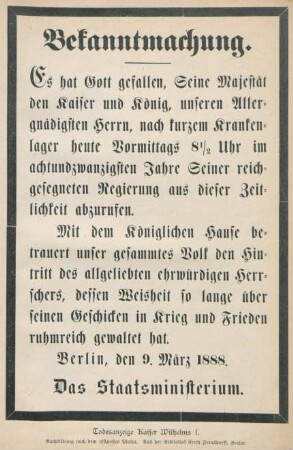 Todesanzeige Kaiser Wilhelms I.