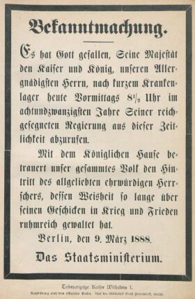 Todesanzeige Kaiser Wilhelms I.