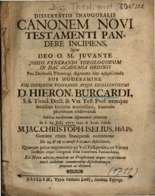 Dissertatio Inauguralis Canonem Novi Testamenti Pandere Incipiens
