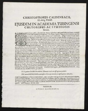 Christophorus Caldenbach, Eloq. Prof. Ejusdem In Academia Tubingensi Cultoribus Ac Studiosis Salutem