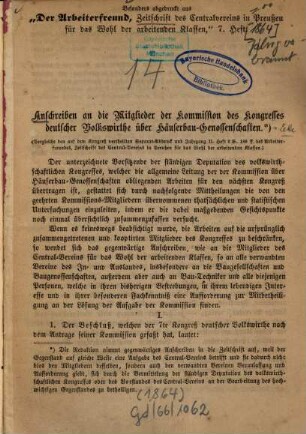 Anschreiben an die Mitglieder der Kommission des Kongresses deutscher Volkswirthe über Häuserbau-Genossenschaften : [Kopft.]