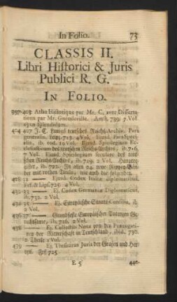Classis II. Libri Historici & Juris Publici R. G. In Folio