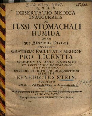 Dissertatio Medica Inauguralis De Tussi Stomachali Humida