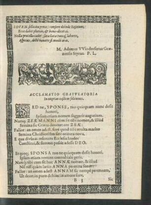 Acclamatio Gratulatoria In nuptias easdem solmnes.