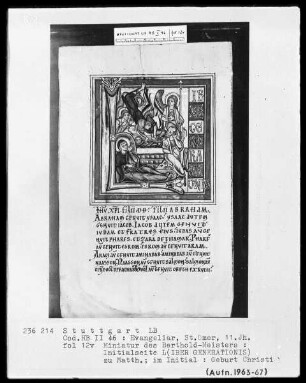 Evangeliar (unvollendet) — Initiale L (iber generationis) mit der Geburt Christi, Folio 12verso
