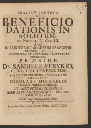 Diatribe Iuridica De Beneficio Dationis In Solutum : Ad Novell. IV. Cap. III.