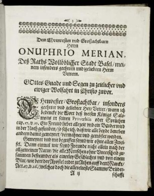 Dem Ehrenvesten und Großachtbarn Herrn Onuphrio Merian [...]