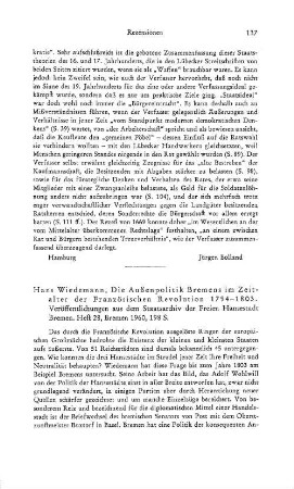 Wiedemann, Hans :: Die Außenpolitik Bremens im Zeitalter der Französischen Revolution 1794 - 1803, (Veröffentlichungen aus der Staatsarchiv der Freien Hansestadt Bremen, 28) : Bremen, Schünemann, 1960