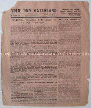 Mitteilungsblatt der Bewegung "Freies Deutschland" für den Westen mit einem Aufruf zur Beendigung des Krieges