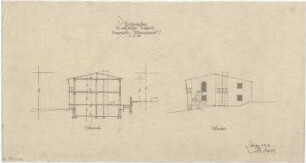 Gsaenger, Gustav; Kassel (Hessen); Kreuzkirche, Wiederaufbau - Vorprojekt Pfarrwohnhaus, Ostseite (Ansicht), Querschnitt