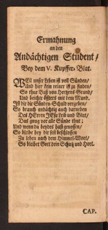 Ermahnung an den Andächtigen Student/ Bey dem V. Kupffer-Blat.