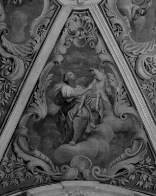 Freskendekoration — Marienkrönung und Allegorien — Frau und Einhorn