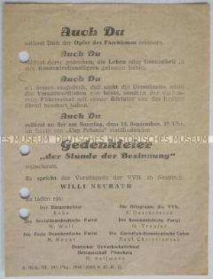 Einladung des Bürgermeisters und der antifaschistischen Parteien und Organisationen in Pinneberg zu einer Gedenkfeier für die Opfer des Faschismus