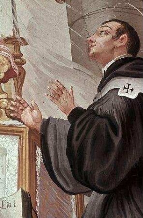 Der heilige Benediktinergelehrte Lanfrancus von Canterbury vor der Eucharistie