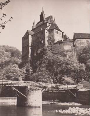 Kriebstein, ehemalige gedeckte Brücke über die Zschopau. Blick zur Burg