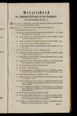 Verzeichniß der sämtlichen Beylagen zu dem Geschichts- und Actenmäßigen Beweiß etc.