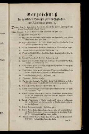 Verzeichniß der sämtlichen Beylagen zu dem Geschichts- und Actenmäßigen Beweiß etc.