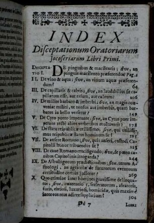 Index Disceptationum Oratoriarum Jocoseriarum Libri Primi.