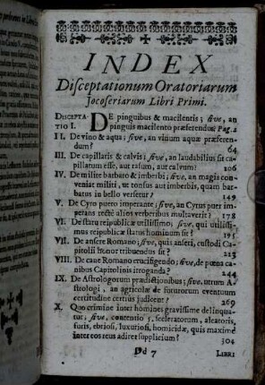 Index Disceptationum Oratoriarum Jocoseriarum Libri Primi.