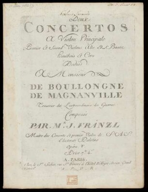 Deux concertos à violon principale, premier et second violons, alto et basse, hautbois et cors. Violino secondo : opera V