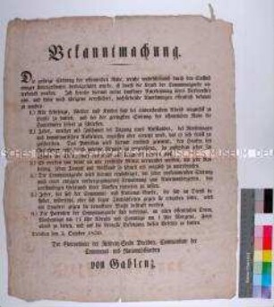 Bekanntmachung des Gouverneurs zu Dresden von Gablenz betreffend Maßnahmen gegen die Störung der öffentlichen Ruhe
