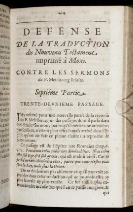 Dèffense De La Traduction du Nouveau Testament, imprimé à Mons. Septie´me Partie