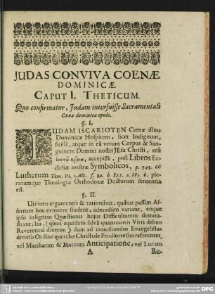 Caput I. Theticum. Quo confirmatur, Judam interfuisse Sacramentali Coenae dominicae epulo