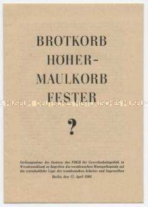 Sonderdruck mit einer Stellungnahme des Instituts des FDGB zur wirtschaftlichen Lage in der Bundesrepublik