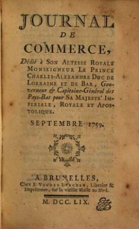 Journal de commerce. 1759,[5] = T. 5. Septembre