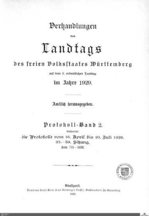 2,133: Landtag Württemberg - Kammer 2, Protokolle 1929, Bd. 2