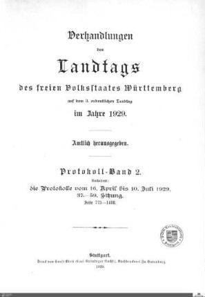 2,133: Landtag Württemberg - Kammer 2, Protokolle 1929, Bd. 2