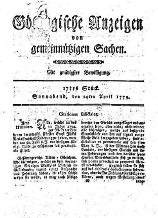 17tes Stück. Sonnabend, den 24ten April 1779.