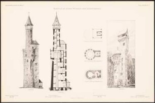 Wasser- und Aussichtsturm: Perspektivische Ansicht, Ansicht, Querschnitt, Horizontalschnitte (aus: Entwürfe von Mitgl. d. AVB, Neue Folge 1899/00)