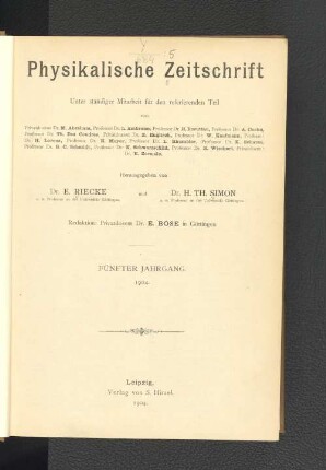 5.1904: Physikalische Zeitschrift