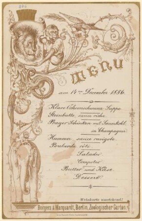 Menükarte : Menü, Borgers&Marquard, Berlin, Zoologischer Garten