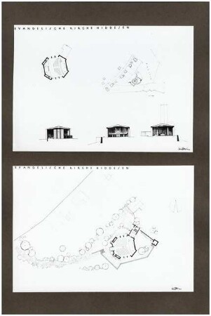 Evangelische Kirche, Detmold-Hiddesen: Lageplan 1:1000, Grundriss, Schnitte, Grundriss mit Grünplan 1:200 (vgl. Inv.Nr. 38050 und 38051)