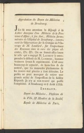 Approbation du Doyen des Médecins de Strasbourg